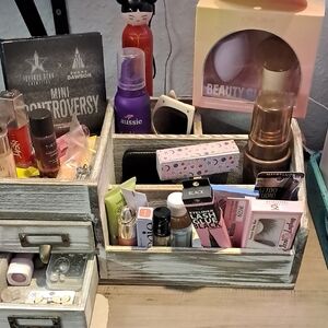 Wooden Makeup Organizer Caddy - Distressed White